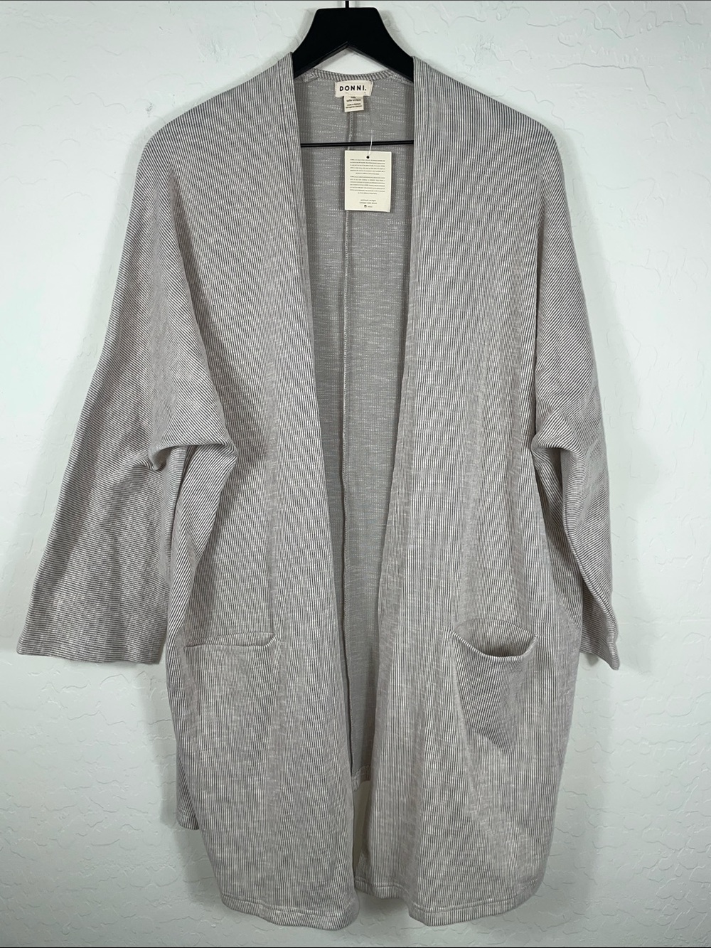 DONNI. Open-Front Heather Gray/Tan Ribbed Women's Cardigan